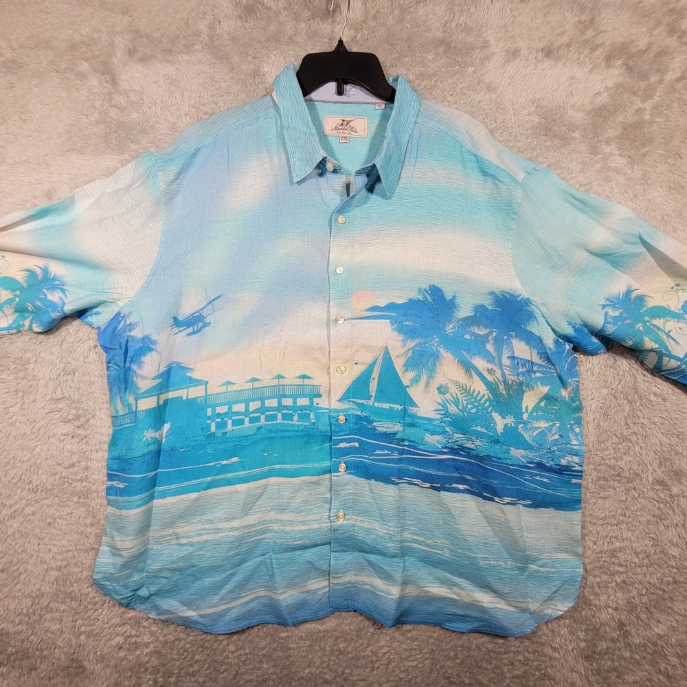 Madda Fella XXL Linen Shirt Key West Blue Island Beach Tropical Long Sleeve